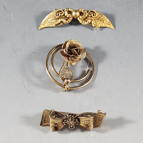 Spiral Circle Pin Brooch Bronze Gold Tone w Mesh Rose Flower VTG Costume Jewelry - Picture 1 of 10